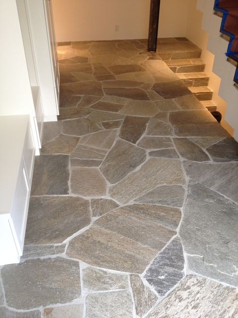 Use for pathway in basement from slider to bar to bathroom ... & in hallway. Slate Sunroom Floor, Stone Paver Bathroom Floor, Flagstone Floor Bathroom, Rock Floor Bathroom, Stone Tile Bathroom Floor, Stone Kitchen Floor, Stone Floor Bathroom, Flagstone Floor, Floor Tile Designs