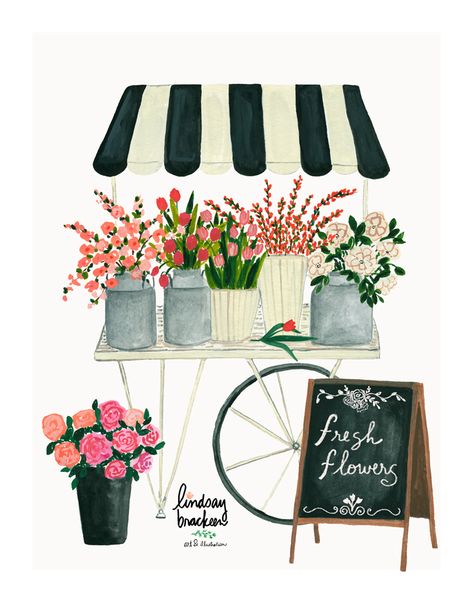 Flower Cart Art by Lindsay Brackeen | flower cart fresh flowers wall decor print bouquets you pick flower market flower farmer truck make your own bouquet florist flower arrangements parisian pink black white girls room wall art ศิลปะ Sugar Skull, Make Your Own Bouquet, Flowers Wall Decor, Girls Room Wall Art, Flower Cart, Flower Farmer, Kunst Inspiration, Shop Illustration, Seni Cat Air