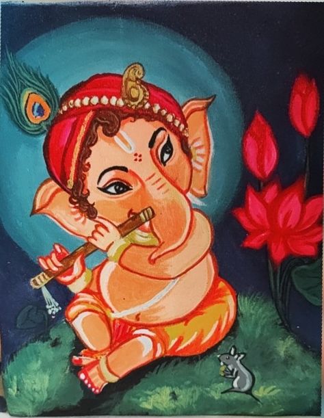 Baby Ganesha acrylic painting on Canvas Ganesh Ji Acrylic Painting On Canvas, Lord Ganesha Acrylic Painting, Lord Ganesha Canvas Painting, Ganesh Glass Painting, Canvas Painting Ideas Ganesha, Ganesh Ji Water Colour Painting, Simple Ganesha Painting, Ganapati Painting Easy, Ganesha Drawing Painting