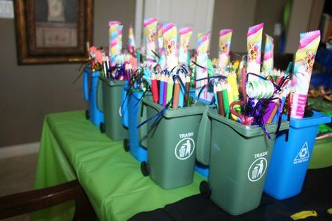 trash or garbage truck favors- trash cans from amazon Trash Truck Birthday Party Favors, Trash Can Party Favors, Garbage Truck Party Ideas, Trash Bash Party Favors, Garbage Truck Themed Birthday Party, Garbage Truck 3rd Birthday Party, Waste Management Birthday Party, Trash Truck Party Favors, Garbage Truck Party Favors