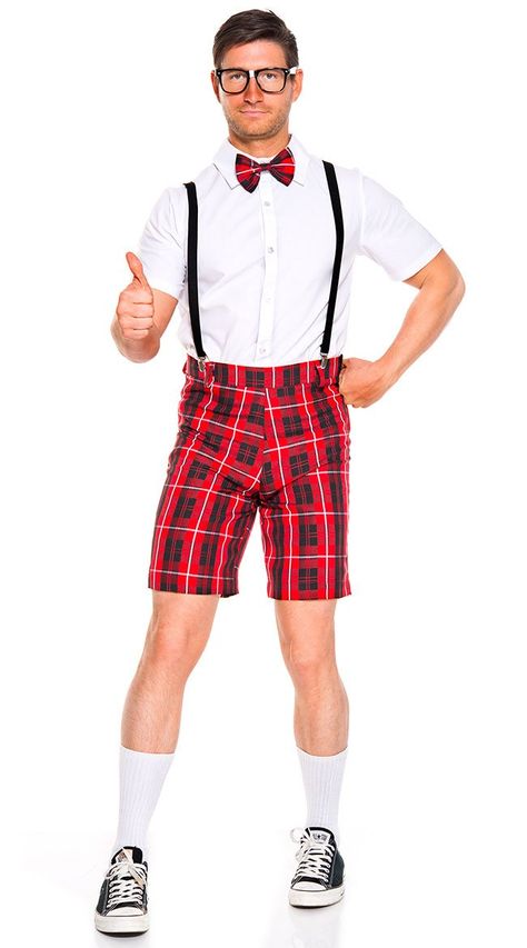 Suspender Outfits For Men, Suspender Outfit, Student Costume, Nerd Costume, Nerd Outfits, Plaid Bow Tie, Suspenders Men, Plaid Shorts, Couples Costumes