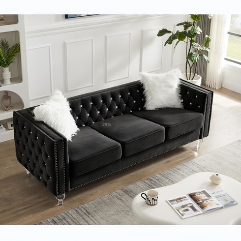 Faster shipping. Better service Mcm Sofa, Black Velvet Sofa, Black Couches, Velvet Loveseat, Velvet Couch, Square Arm Sofa, Loveseat Slipcovers, Modern Couch, Couch Set