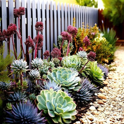 Use Succulents as Living Fence Borders Front Yard Succulent Garden Landscape Idea Image Succulents Garden Outdoor Front Yards, Succulent Landscaping Front Yard, Garden Landscape Ideas, Plants Around Pool, Japanese Garden Backyard, Succulent Garden Outdoor, Succulent Garden Landscape, Backyard Garden Beds, Front Yard Patio