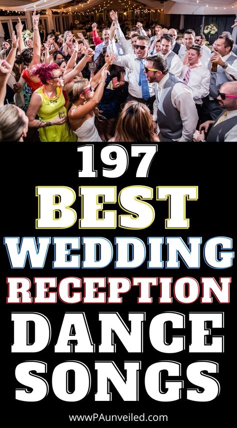 A pin that shows a big wedding reception party. It has many people dancing together to the best wedding reception music. Wedding Dance Playlist Fun, Engagement Party Playlist Song List, Wedding Songs For Reception, Prom Playlist 2024, Dj List For Wedding Receptions, Country Music Wedding Playlist, Songs To Get People Dancing At Wedding, Wedding Playlist Reception Song List Dance Floors, Best Wedding Playlist For Dancing