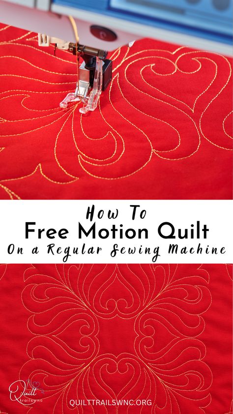 A guide to free motion quilting on a regular sewing machine How To Free Motion Quilt On A Regular Sewing Machine, Quilt Without Quilting Machine, Quilting Embroidery Designs, Free Motion Quilting Brother Sewing Machine, How To Free Motion Quilt, How To Machine Quilt On A Home Machine, Free Motion Quilting On Domestic Machine, Domestic Machine Free Motion Quilting, How To Free Motion Quilt For Beginners