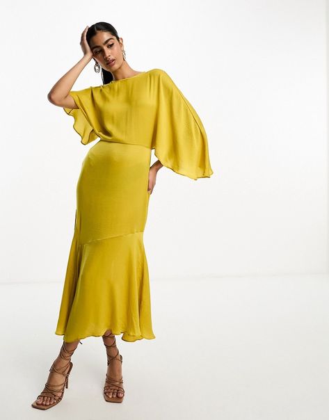 Dresses by ASOS DESIGN Best dressed: secured High neck Batwing sleeves Zip-back fastening Regular fit Wedding Dress Shirt, Yellow Dress Casual, Vintage Dresses Casual, Outfit Essentials, Teen Dress, Formal Dresses With Sleeves, Yellow Midi Dress, Guest Attire, Wedding Attire Guest