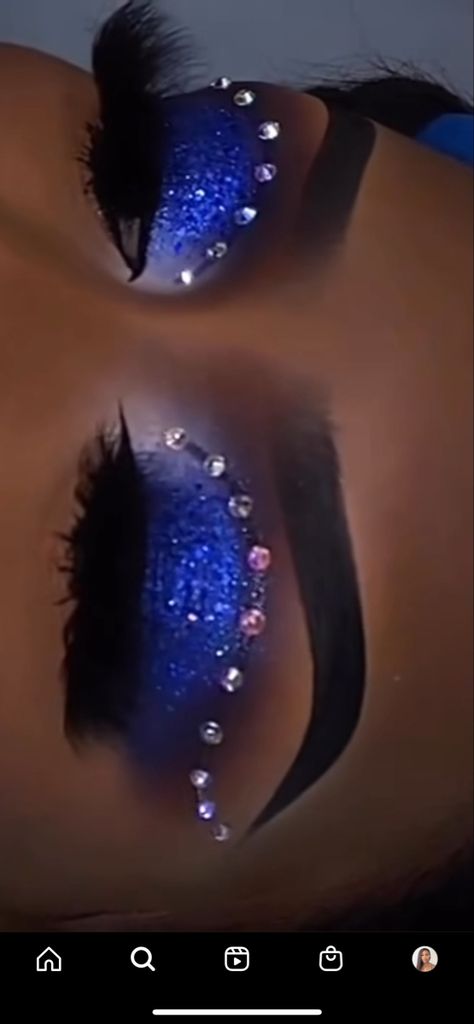 Makeup Looks For Blue Dress Prom, Blue Makeup Looks Rhinestones, Sapphire Blue Makeup Looks, Black Glitter Makeup Looks Black Women, Makeup With Gems Black Women, Royal Blue Makeup Ideas For Prom, Rhinestone Blue Makeup, Makeup For Blue And Silver Dress, Blue Silver Black Nails