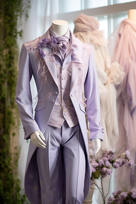 Lavender flower inspired suit Prince Tuxedo Suits, Bridgerton Groom Suit, Ballroom Suit Aesthetic, Ornate Suits Men, Fairy Wedding Groom Suit, Fairytale Suits For Men, Aesthetic Mens Suit, Suits Men Colorful, Ball Attire For Men