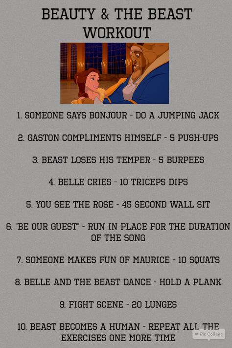 Beauty & The Beast workout from runsintutus.com. Make that Disney movie marathon a little more active! Tv Workout Challenge Disney, Fun Workout Ideas, Disney Movie Workouts, Netflix Workout, Hercules Workout, Tv Workout, Disney Workout, Tv Show Workouts, Disney Movie Marathon