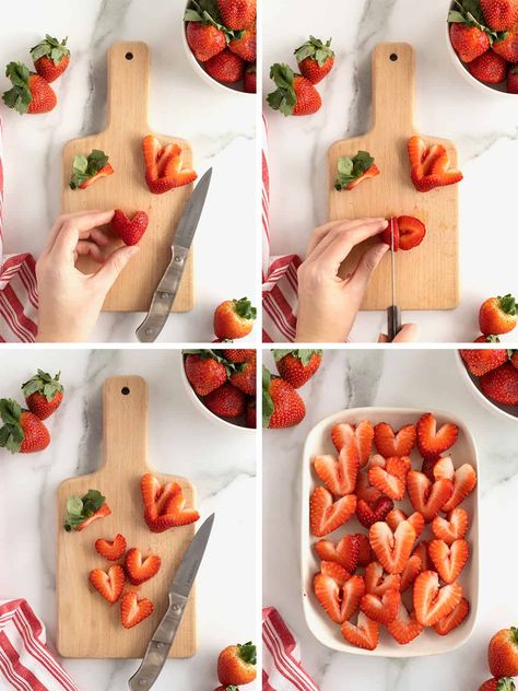 Pastel, How To Make Heart Strawberries, Cut Strawberries Into Hearts, Heart Shape Appetizer, Heart Shape Strawberries, Strawberry Hearts How To Cut, How To Cut Strawberries Into Hearts, Cute Ways To Cut Strawberries, Heart Shaped Treats