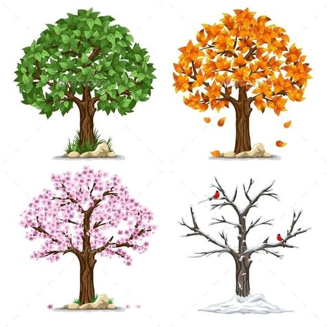 Four Seasons by mari_pazhyna | GraphicRiver السلسلة الغذائية, Four Seasons Painting, Cartoon Nature, Four Seasons Art, Nagomi Art, Pola Kotak, Summer Trees, Siluete Umane, Weather Seasons