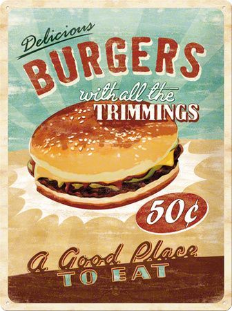 Burgers Tin Sign - AllPosters.co.uk Sejarah Kuno, 50s Diner, Etiquette Vintage, Vintage Diner, Nostalgic Art, Retro Diner, American Diner, Plakat Design, Retro Sign