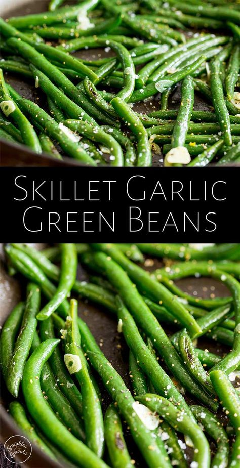 These Easy Skillet Garlic Green Beans are sautéed with garlic and olive oil and then steamed with a little vegetable broth, to make one of the most simple yet delicious side dishes. The beans come out tender-crisp, so they are super healthy and they take just 10 minutes to cook making them an easy addition to your family table. Serve them with your weeknight meal, or add them to your holiday table. Thanksgiving Side Dishes Crockpot, Thanksgiving Vegetable Sides, Thanksgiving Vegetables Side Dishes, Thanksgiving Recipes Side Dishes Veggies, Thanksgiving Recipes Side Dishes Easy, Keto Easter, Appetizers Thanksgiving, Desserts Thanksgiving, Thanksgiving Side Dishes Healthy