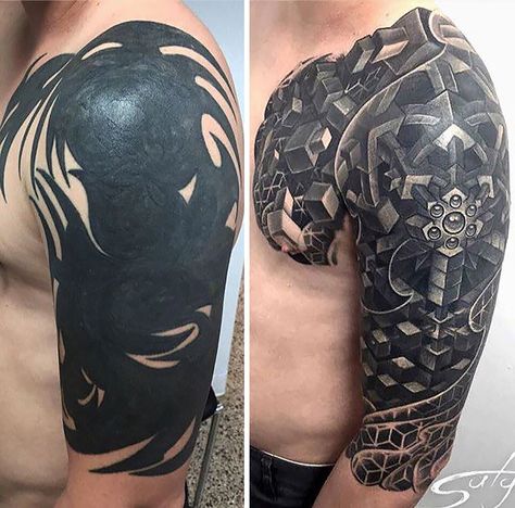 Tattoo Cover Up That Turns Tribal Tattoo Into An Amazing Half-sleeve Geometric Tattoo Tato Maori, Tatuaje Cover Up, Tattoo Bras Homme, Cover Up Tattoos For Men, Cover-up Tattoo, Tattoo Fixes, Tato Dada, Best Cover Up Tattoos, Best Tattoo Ever