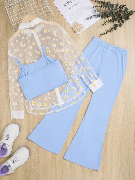 SHEIN Kids SUNSHNE Girls Floral Print Shirt & Flare Leg Pants & Cami Top | SHEIN USA Simple Design Clothes, Cute Cheap Outfits, Modest Casual Outfits, Shein Kids, Casual Preppy Outfits, Cute Dress Outfits, Fashion Design Dress, Cute Preppy Outfits, Cute Prom Dresses