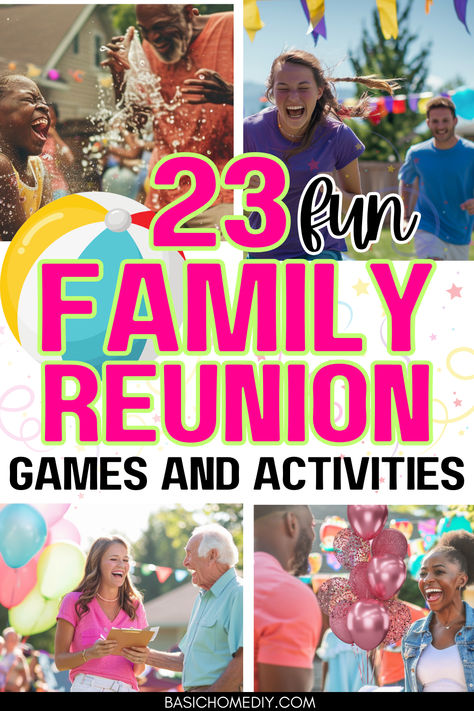 Find the best 23 fun family reunion games and activities for kids and adults that are perfect for all ages. Whether you're planning an outdoor family party, indoor party, or fun family reunion games for kids, teens, adults, or older people, these party game ideas have something for everyone. Plan family Olympics, an obstacle course, family talent show, corn hole, and yard games. These easy game ideas are ideal for a summer party and make the ultimate guide to fun family reunion games! Family Reunion Olympic Games, Family Reunion Activity Ideas, Summer Family Reunion Ideas, Indoor Family Reunion Games, Family Vacation Fun Games, Games For Family Reunion Outdoor, Family Reunion Game Ideas, Family Reunion Get To Know You Games, Family Summer Olympics Games