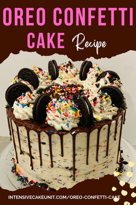 Oreo Confetti Cake, Funfetti Oreo Cake and Funfetti Oreo frosting with sprinkles and a chocolate ganache drip Funfetti Cake Ideas, Confetti Cake Recipe, Funfetti Oreo, Birthday Cake Oreo, Confetti Cake Recipes, Funfetti Cake Recipe, Cake Recipe Homemade, Funfetti Birthday Cake, Chocolate Ganache Drip