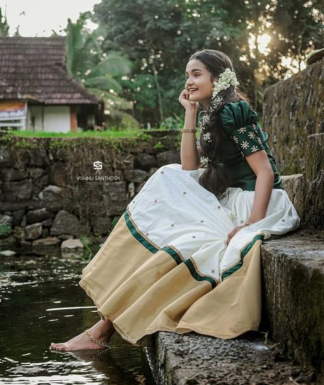 Anunaya Anoop on Instagram: “Happy onam 🏵️ . . . PC :- @_viishnu_santhosh Mua:- @makeover_by_daniya_ Assistant :- @__michael__angel__ _ Costume:-…” Kerala Pattupavada For Women, Kerala Skirt And Top Designs, Kerala Skirt And Top, Pattupavada For Women, Kerala Style Skirt And Top, Long Skirt Top Designs, Onam Outfits, Green Silk Blouse, Kerala Saree Blouse