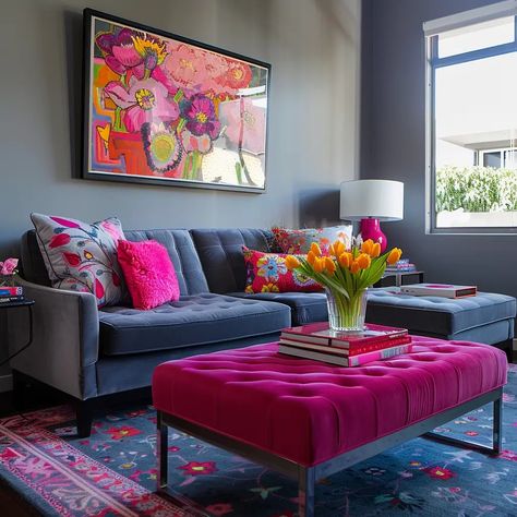 13 Blushing Pink and Dapper Gray Living Room Decor Ideas - DreamyHomeStyle Pink Couch Living Room Ideas Glam, Hot Pink Couch Living Room, Grey Couch Living Room Ideas Colorful, Gray Living Room Decor Ideas, Pink And Gray Living Room, Colourful Living Room Ideas, Hot Pink Couch, Gray Couch Living Room Ideas, Gray Living Room Decor