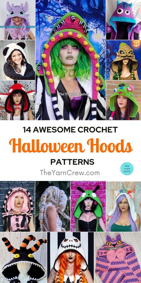 14 Awesome Crochet Halloween Hood Patterns. 14 Awesome Crochet Halloween Hood Patterns curated by The Yarn Crew. Fun Hat Crochet Pattern, Twisted Hatter Crochet, Crochet Blanket Yarn Hat, Roving Yarn Crochet Patterns, Halloween Shawl Crochet Pattern, October Crochet Patterns, Free Horror Crochet Patterns, Horror Crochet Patterns Free, Crochet Bong Free Pattern