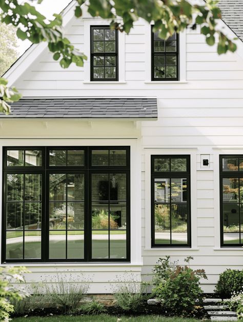 What Color Siding Goes With Black Windows? White Cladding Black Windows, Craftsman With Black Windows, Rincon, Beige Siding Black Windows, Trim Around Black Windows Interior, Small White House Black Windows, Bronze Windows Exterior Farmhouse, Cape Cod Black Windows, Black Windows White Siding