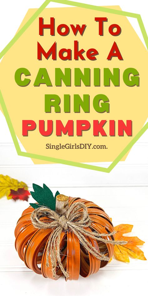 Use canning jar rings to make a cute rustic pumpkin perfect for a farmhouse decoration. An easy Dollar Tree DIY craft!