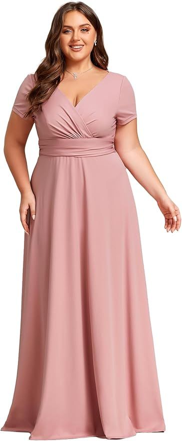 Amazon.com: Ever-Pretty Women's Plus Size Generous Ruched V Neck Short Sleeves Long A Line Formal Evening Dress 01730-DA : Clothing, Shoes & Jewelry Bridesmaid Plus Size Dresses, Mid Size Bridesmaid Dress, Empire Silhouette Dress, Wessing Dresses, 1500s Dresses, Female Wears, Bustle Dresses, Empire Waist Wedding Dress, Unusual Dresses