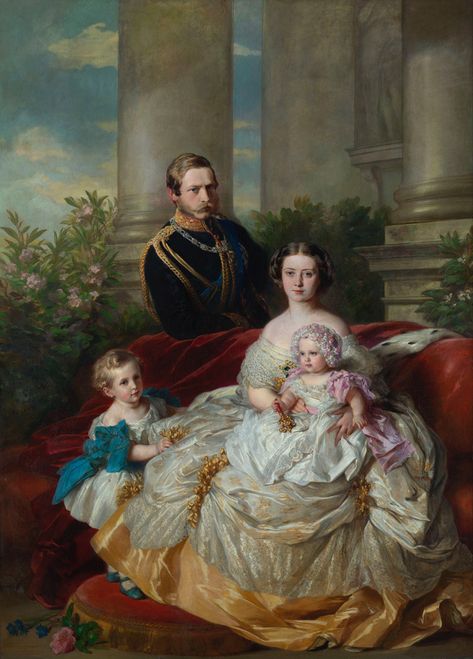Prince Frederick William of Prussia with Victoria and two older children, Prince William and Princess Charlotte. Portrait by Franz Xaver Winterhalter, 1862 Royal Portraits Painting, Era Victoria, Franz Xaver Winterhalter, Royal Family Portrait, Queen Victoria Family, Family Portrait Painting, Victorian Paintings, Royal Art, Family Painting