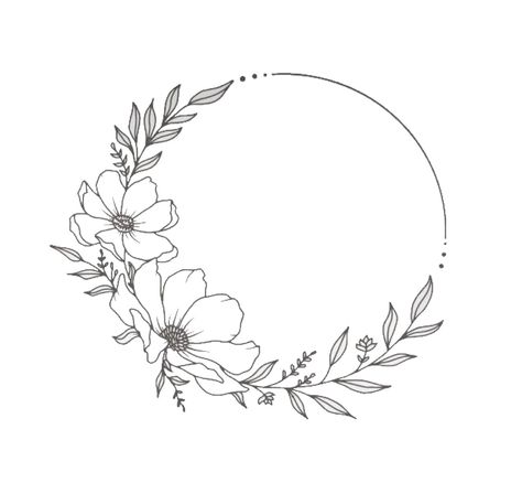 Floral wreath | flowers | printable Ring Of Flowers Drawing, Circle With Flowers Drawing, Ring Of Flowers Tattoo, Flower Ring Drawing, Circle Of Flowers Tattoo, Small Tattoos Floral, Small Floral Tattoo Design, Circle Flower Tattoo, Flower Frame Tattoo