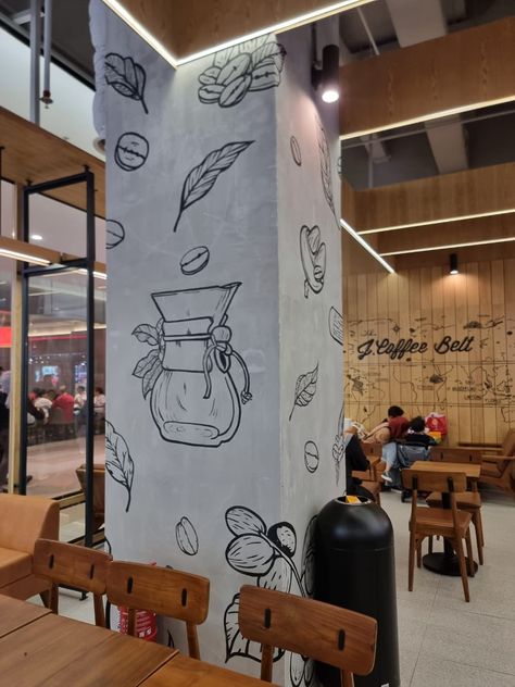 Coffee Bar Mural, Coffee Shop Wall Design Ideas, Coffe Murals, Cafe Wall Art Ideas, Coffee Shop Mural Wall, Coffee Mural Wall, Coffee Shop Wall Painting, Mural Coffee Shop Wall Art, Cafe Mural Ideas Coffee Shop