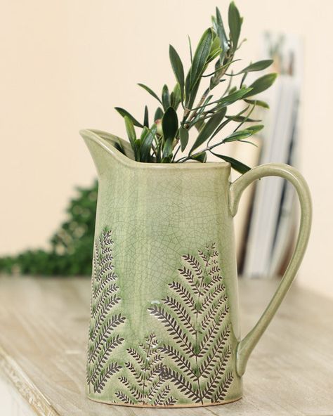 Fern Ceramic, Pitchers Pottery, Fern Design, Pottery Jug, Jug Vase, Pitcher Vase, Ceramic Jug, Burnt Umber, Fern Green