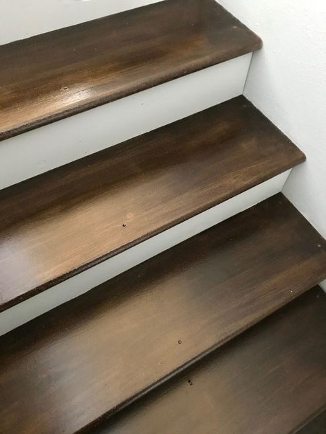 What Color To Paint Stairs, Painted And Stained Stairs, Paint Stairs To Look Like Wood, Redo Stairs Wood, Painted Stair Tread Ideas, Linoleum Stairs Makeover, Painted Basement Stairs Ideas, Paint Stairs Brown, Wood Stain Colors For Stairs