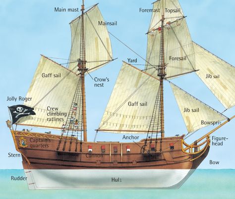 Inside a pirate ship - Q-files Encyclopedia Ship Diagram, Pirate Ship Drawing, Ship Mast, Model Sailing Ships, Pirate Books, Pirate Boats, Navi A Vela, Old Sailing Ships, Ship Design