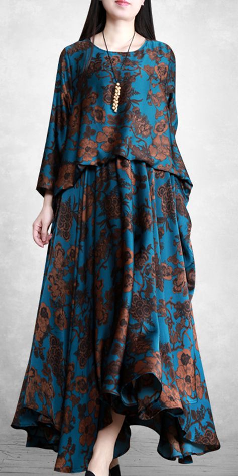 Vivid Blue Print Outfit O Neck Patchwork Maxi Spring Dresses Patchwork, Couture, Fancy Maxi Dress, Mode Abayas, Corak Bunga, Stylish Maxi Dress, Maxi Dress Designs, Blouse Casual Fashion, Stylish Fall Outfits
