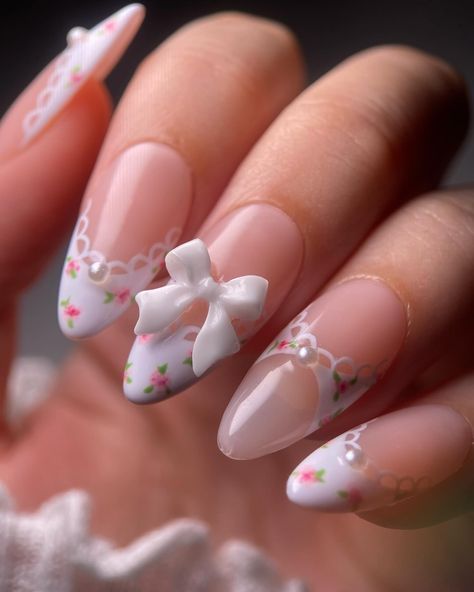 dainty flower nails 🌷 #nailart #flowernails #nails Cute Nail Designs Coquette, Blue Coquette Nails, Dainty Flower Nails, Nct Nails, Fairytale Nails, France Nails, Coquette Theme, Design Nails Art, Bow Nail Designs