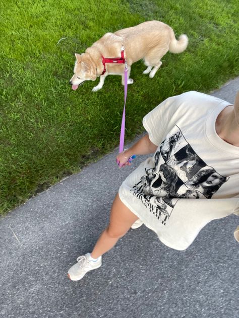 Taylor swift tshirt, walking, outdoors Walking Outdoors Aesthetic, Summer Dog Walk Aesthetic, Walking Aesthetic Summer, Walking Dog Outfit, Walking A Dog Aesthetic, Spring Walk Aesthetic, Dog Walking Outfit Summer, Walk Dog Aesthetic, Hoț Girl Walk Aesthetic