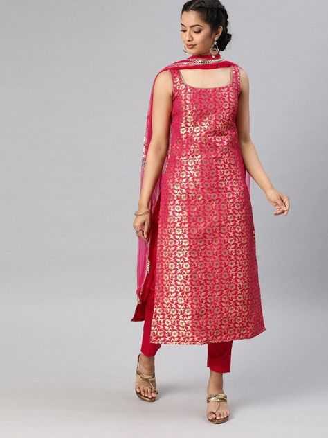 Amusing women pink & gold-toned woven straight cut suit online on Inddus at best price. This elegant set comprises a silk blend straight cut suit with matching silk blend bottom cotton blend dupatta. Indian Straight Suits, Silk Kurti Designs For Stitching, Designer Banarsi Suits, Sleeveless Banarasi Kurti, Sleeves Design For Churidar, Banarasi Silk Kurta Set, Banaras Kurti Designs Latest, Solid Suit Designs, Brocket Suit Design Latest