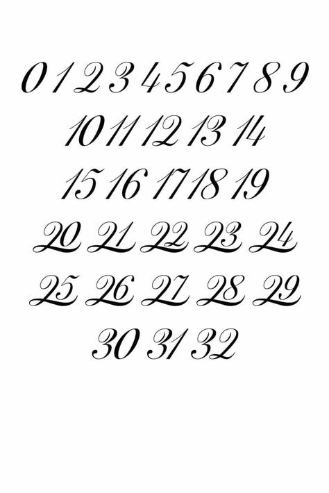Free Printable Fancy Calligraphy Numbers 0-32 - Freebie Finding Mom Best Number Fonts For Tattoos, Handwriting Numbers Fonts, Graphic Fonts Typography, How To Write Numbers, Fancy Numbers Calligraphy, Type Of Writing Styles, Pretty Numbers Font, Elegant Number Fonts, Cursive Numbers Tattoo