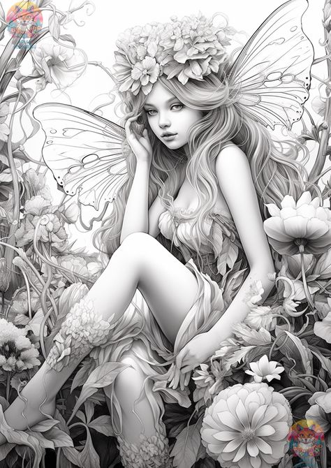 Fairy coloring pages for adults: over 100 beautiful pages - adultcolouring.com Mandalas, Fairytale Forest Drawing, Grayscale Coloring Pages For Adults Free Printable, Fairy Coloring Pages Free Printable, Fairy Coloring Pages For Adults, Fantasy Coloring Pages For Adults, Fairies Coloring Pages, Forest Fairies, People Coloring Pages