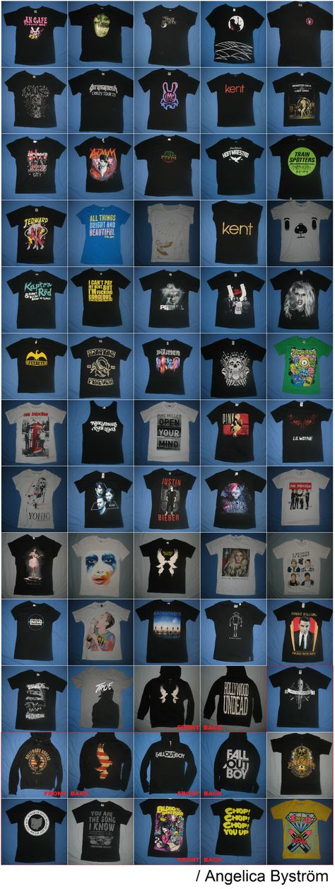 My band merch, 2009-2014 :) All shirts bought at concerts. The ones in the red square are bought at the bands' webstores. Hollywood Undead, Fall Out Boy, Mindless Self Indulgence, Hawthorne Heights, One Direction, An Cafe, Girugamesh, Miyavi, LM.C, Kent, Adam Lambert, 5 Seconds Of Summer, Blood On The Dance Floor, Lady GaGa, Miley Cyrus, 30 Seconds To Mars, Justin Bieber, Tokio Hotel, Silverstein, Blondie, Avicii, Nine Inch Nails, Owl City, YOHIO, Pitbull, Jedward, The Used... and many more! Avicii, Hawthorne Heights, Self Indulgence, Blood On The Dance Floor, Mindless Self Indulgence, Hollywood Undead, Nine Inch Nails, Nine Inch, Owl City