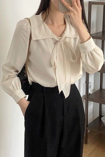TWEE | Trendy and Adorable Korean Women’s Fashion | KOODING Collar Shirt Outfits Korean, Couture, Cute Fashion Korean Casual Outfits, Bow Shirt Outfit, Outfit With Blouse, Dark Academia Blouse, Beige Top Outfit, Collared Shirt Outfits, Blouse Korean Style