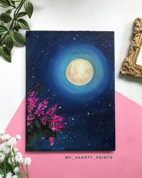 Moon Acrylic Painting Easy, Moon Gouache Painting, Aesthetic Moon Painting, Easy Moon Painting, Moon Painting Easy, Canvas Nature Painting, Moon Painting Acrylic, Painting Of Moon, Moon Canvas Painting