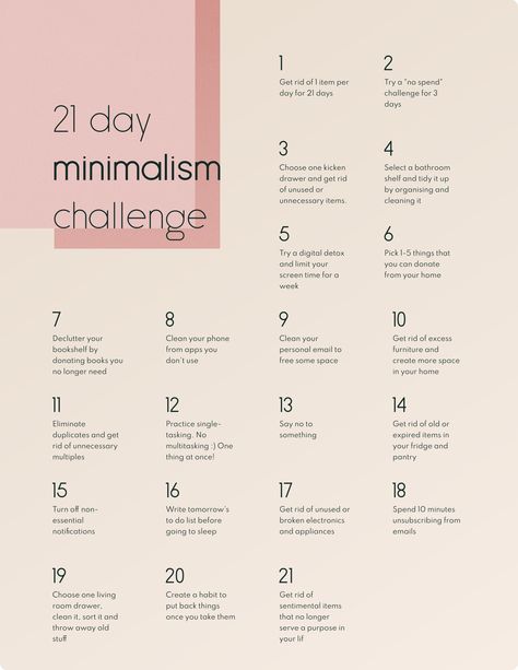 Follow this Minimalism 21-Day Challenge Are you ready to embark on a transformative journey towards a simplified and clutter-free life? Welcome to the Minimalism 21-Day Challenge, where you will learn to embrace the beauty of minimalism and experience the freedom it brings. By committing to this challenge, you will gradually declutter your physical space, streamline your daily routines, and cultivate a mindset focused on what truly matters. #slow #simple #mindfull #minimalist #lifestyle Organisation, Minimalist Starter List, Steps To Minimalism, How To Become A Minimalist Checklist, Minimalist List Declutter, Minimalist Lifestyle Aesthetic, Twitter Retweets, Decluttering Ideas Minimalism, Minimalist Lifestyle Simple Living