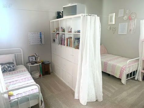 Divide a Room with an IKEA KALLAX Shelf - Cutesy Crafts Kallax Room Divider Ideas, Shared Room Divider Ideas, Wire Curtain Rod, Kallax Room Divider, Kallax Kids Room, Room Divider Ideas Bedroom, Ikea Room Divider, Kids Room Divider, Bedroom Divider