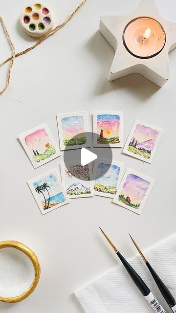 Samprity Ozah on Instagram: "Hi..!😀 Finally, I am sharing the Minimal Mini collection . After dragging it for so many weeks , i decided to skip the last two paintings. May be some other time. Hope you enjoy this.!! Watercolor on full cotton paper. .. .. #watercolorseries #minipaintings #miniaturepaintings #watercolorminiature #minimalpainting #easypaintings #watercolortutorial #watercolorreels #watercolorreel #minipaintingseries #minilandscape #watercolorpaintings #worldwatercolorgroup #watercolor_gallery #watercolor_daily #tempuradesign #fabrianopaper #tinypaintings" Mini Watercolour Painting, Mini Watercolor Paintings Easy, Watercolor Landscape Paintings Easy, Watercolor Mini Paintings, Tiny Watercolor Paintings, Miniature Watercolor Paintings, Mini Watercolor Paintings, Glass Bottle Decor, Painting Mediums