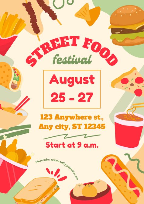 Street Food Festival Colorful Illustrative Canva Template International Food fest. #canva #template #food #street #international #fast #colorful #summer #fest Food Fest Poster Design, Poster Food Festival, Food Festival Poster Design Ideas, Food Fair Poster, Festival Food Stalls, Street Food Festival Poster, Festival Design Decoration, Food Event Poster Design, Food Fest Poster