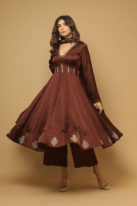 Anarkali, Brown Anarkali, Satin Suit, Plain Brown, Anarkali Kurta, Brown Colour, Organza Dupatta, Suit Set, Full Sleeves