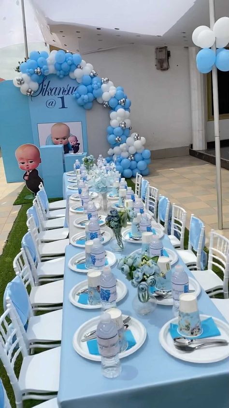 1st Themed Birthday Party Ideas, Boss Baby Theme Party Decorations, Table Decorations For Party Birthday, Baby Boss Birthday Party Theme, Baby Boy Party Ideas, 1 Birthday Decoration, First Birthday Boy Decorations Ideas, Baby 1st Birthday Boy, 1st Bday Ideas