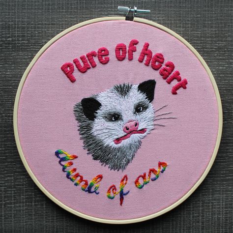 handmade embroidery of dumbass possum. Cotton floss over linen fabric Embroidery Possum, Embroidery Patch Ideas, Opossum Embroidery, Possum Embroidery, Squishmallow Embroidery, Possum Cross Stitch, Weird Embroidery, Fanart Ideas, Pure Of Heart