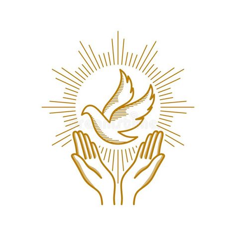 Illustration about Church logo. Christian symbols. Praying hands and dove - a symbol of the Holy Spirit. Illustration of evangelism, hands, christianity - 132783618 Catholic Symbols, Holy Spirit Dove, Christian Illustration, Symbol Drawing, Church Logo, Church Banners, Peace Dove, Hand Drawn Vector Illustrations, Christian Symbols